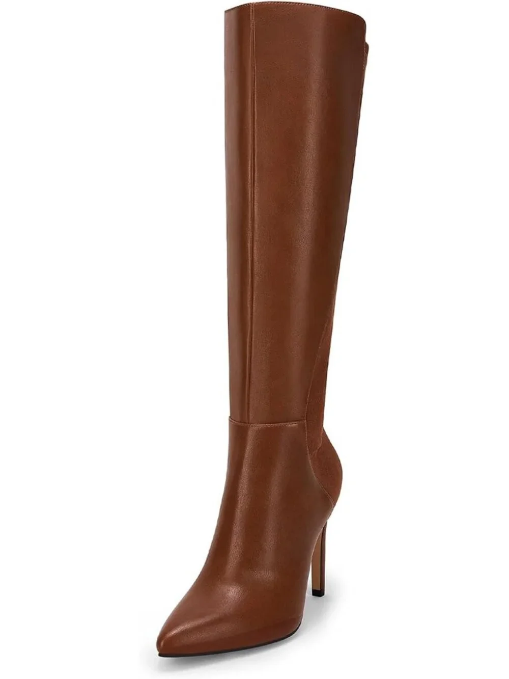 Women's Brown Stiletto Heel Pointed Toe Faux Leather Zipper Knee High Boots